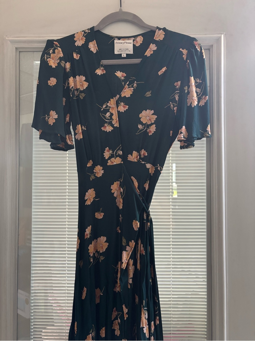 Privacy Please Dark Green Floral Wrap Midi Dress with Peach Blossoms